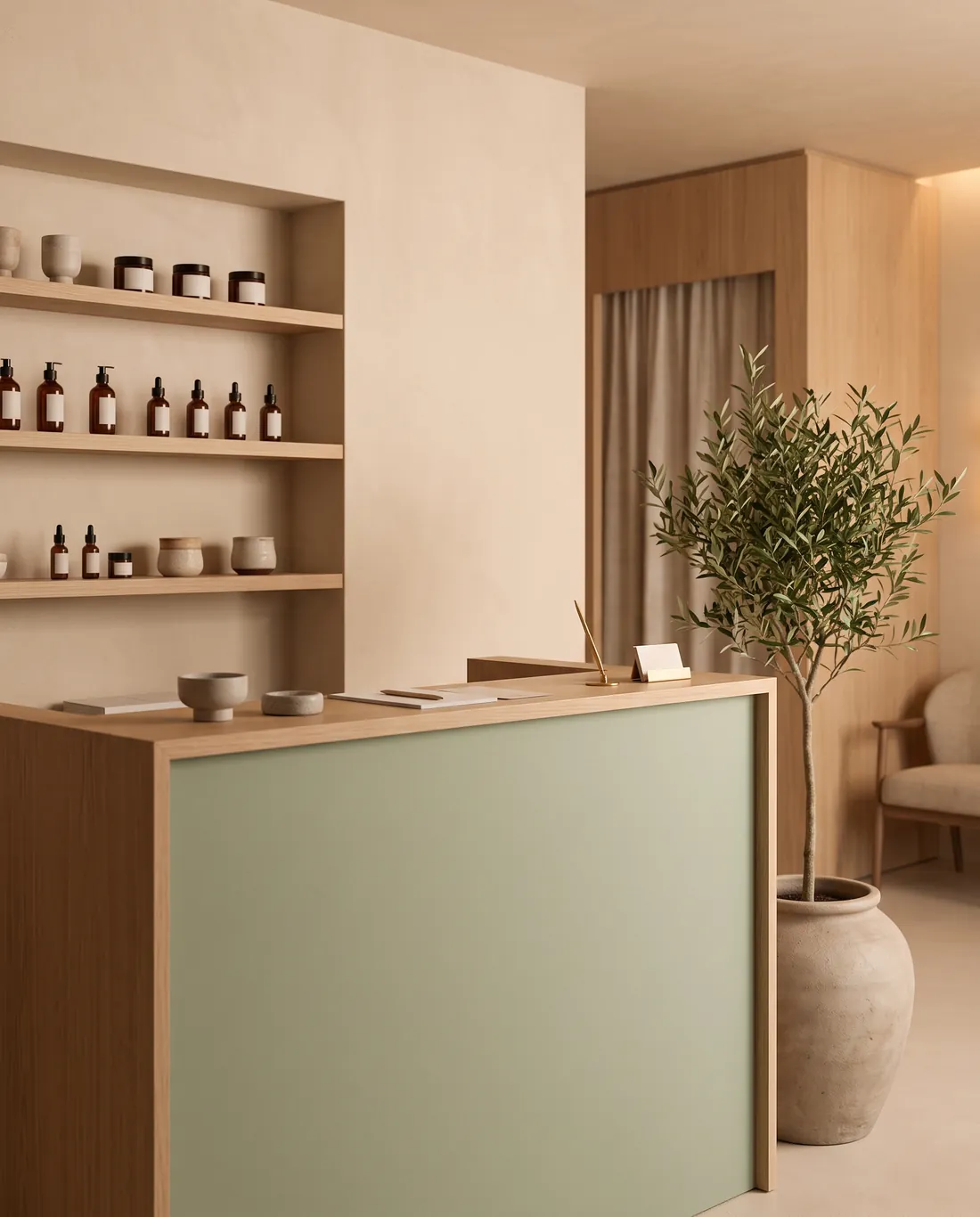 Recepción de NUREA con mostrador de madera y verde salvia