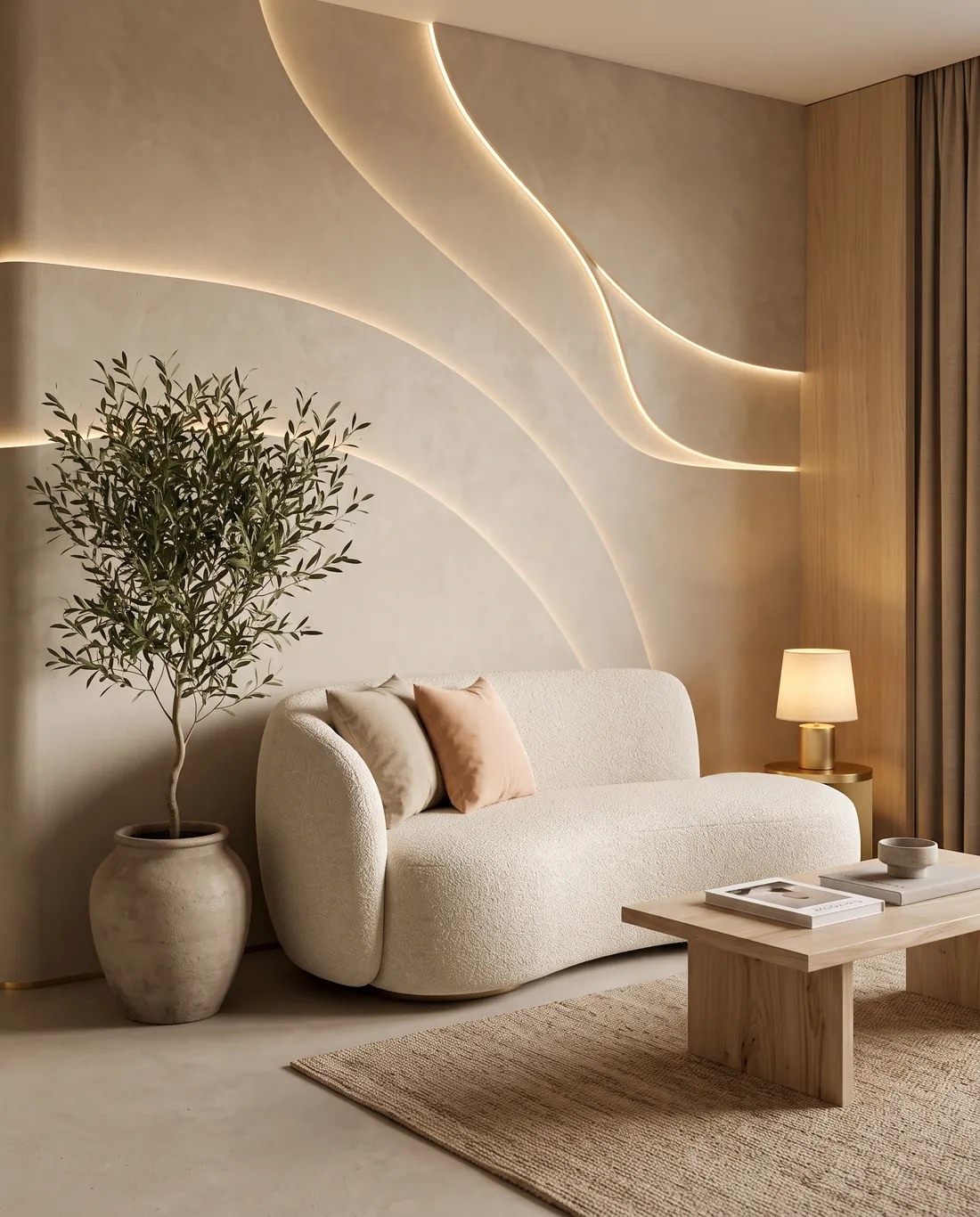 Sala de espera con sillón curvo y luces cálidas en la pared