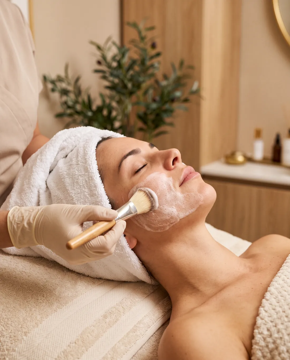 Profesional aplicando espuma limpiadora con pincel en el rostro de una paciente