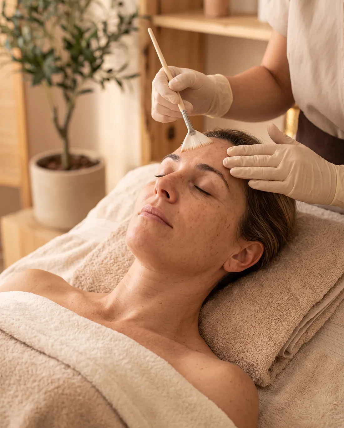 Aplicación de peeling con pincel en la frente de una paciente con pecas